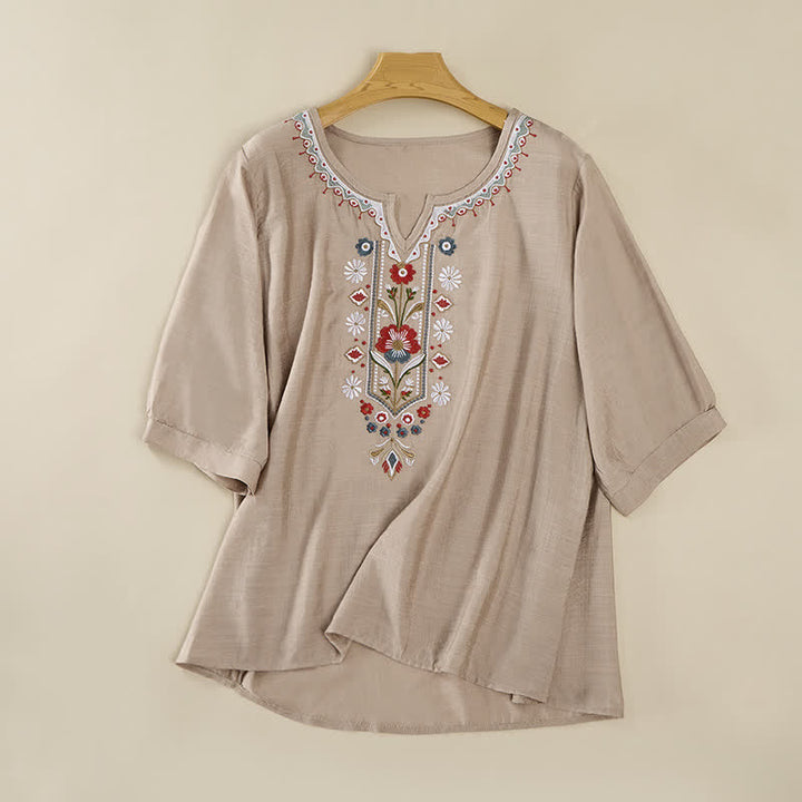 Buddha Stones Spring Boho Embroidered Cotton Linen Elbow-Length Sleeve Women's T-Shirts - DarkKhaki - US16，UK/AU20，EU48 (3XL) - image 18