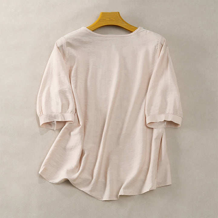 Buddha Stones Spring Boho Embroidered Cotton Linen Elbow-Length Sleeve Women's T-Shirts - image 14