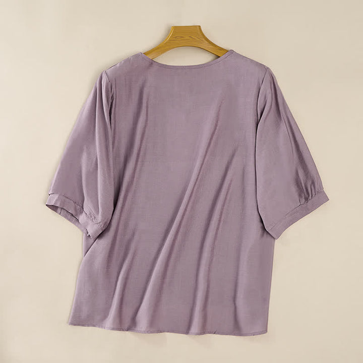 Buddha Stones Spring Boho Embroidered Cotton Linen Elbow-Length Sleeve Women's T-Shirts - image 8