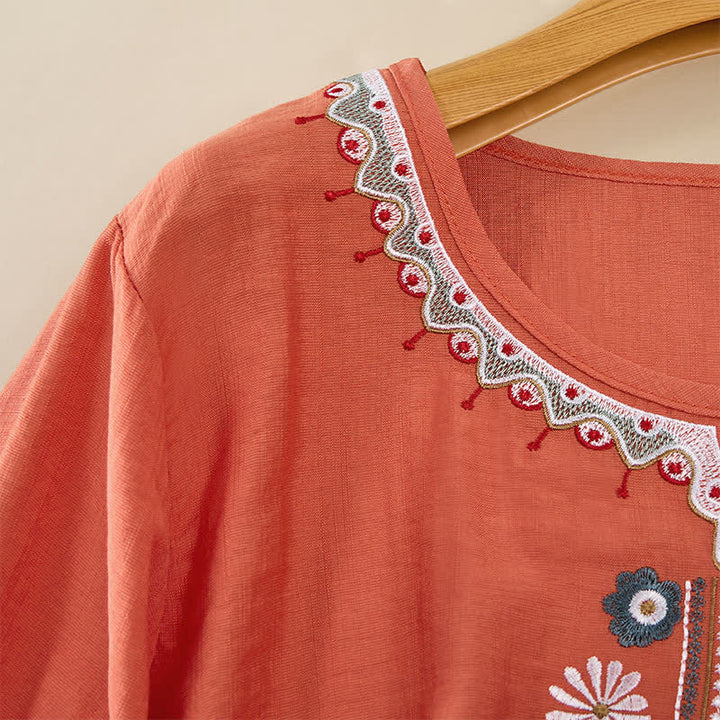 Buddha Stones Spring Boho Embroidered Cotton Linen Elbow-Length Sleeve Women's T-Shirts - image 3