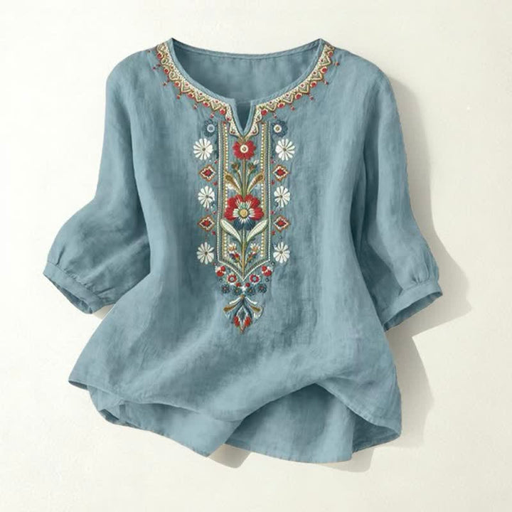 Buddha Stones Spring Boho Embroidered Cotton Linen Elbow-Length Sleeve Women's T-Shirts - Teal - US16，UK/AU20，EU48 (3XL) - image 25
