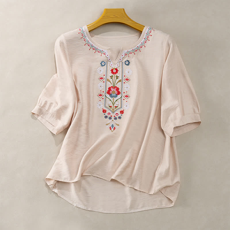Buddha Stones Spring Boho Embroidered Cotton Linen Elbow-Length Sleeve Women's T-Shirts - Beige - US16，UK/AU20，EU48 (3XL) - image 13