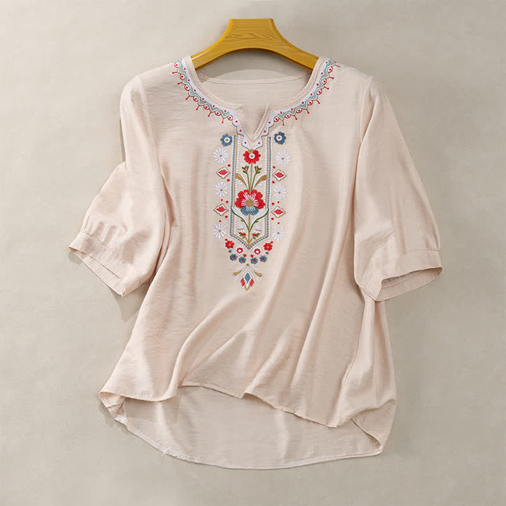 Buddha Stones Spring Boho Embroidered Cotton Linen Elbow-Length Sleeve Women's T-Shirts - Beige - US16，UK/AU20，EU48 (3XL) - image 13