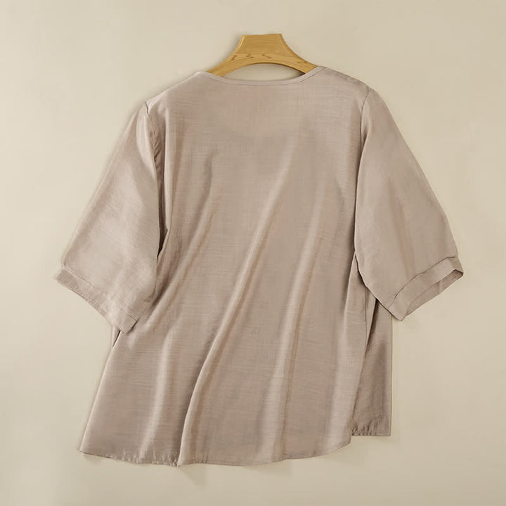 Buddha Stones Spring Boho Embroidered Cotton Linen Elbow-Length Sleeve Women's T-Shirts - image 19