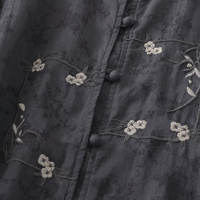 Buddha Stones Stand Collar Embroidery Button Design Three Quarter Sleeve Summer Women's Shirt - image 2