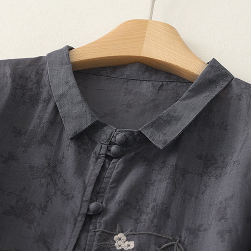 Buddha Stones Stand Collar Embroidery Button Design Three Quarter Sleeve Summer Women's Shirt - image 1