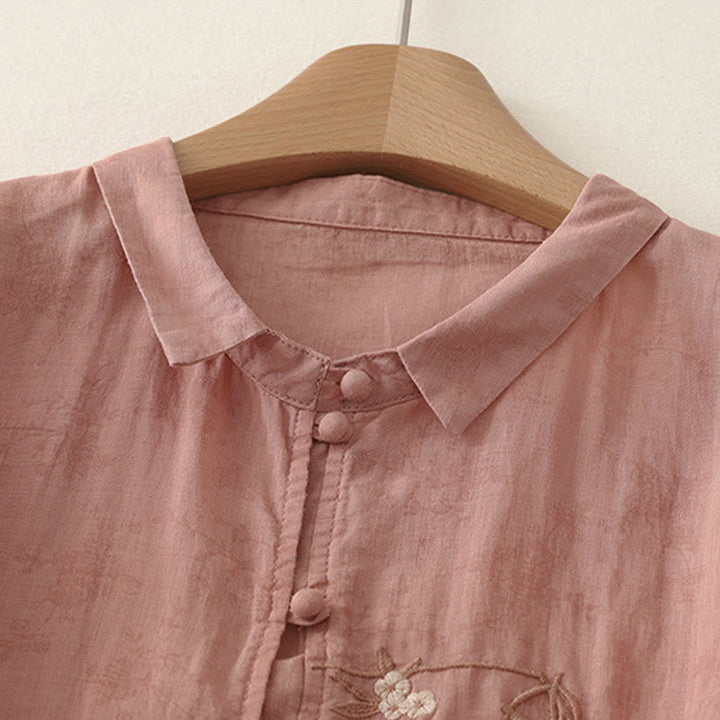 Buddha Stones Stand Collar Embroidery Button Design Three Quarter Sleeve Summer Women's Shirt - image 7