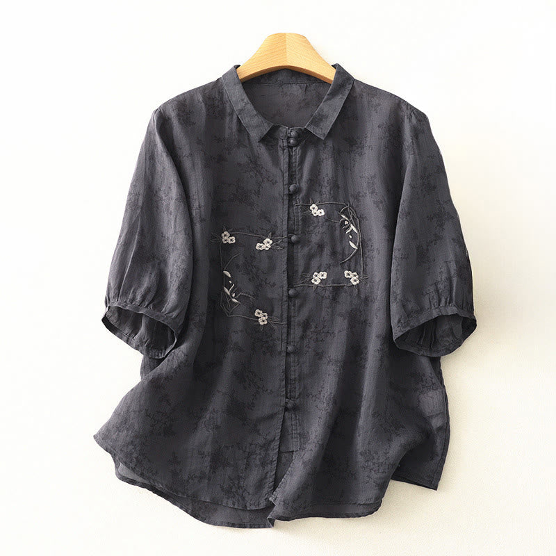 Buddha Stones Stand Collar Embroidery Button Design Three Quarter Sleeve Summer Women's Shirt - DimGray - US8-10，UK/AU12-14，EU40-42 (2XL) - image 0