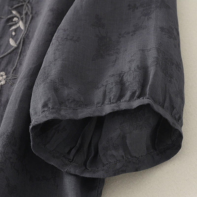 Buddha Stones Stand Collar Embroidery Button Design Three Quarter Sleeve Summer Women's Shirt - image 3