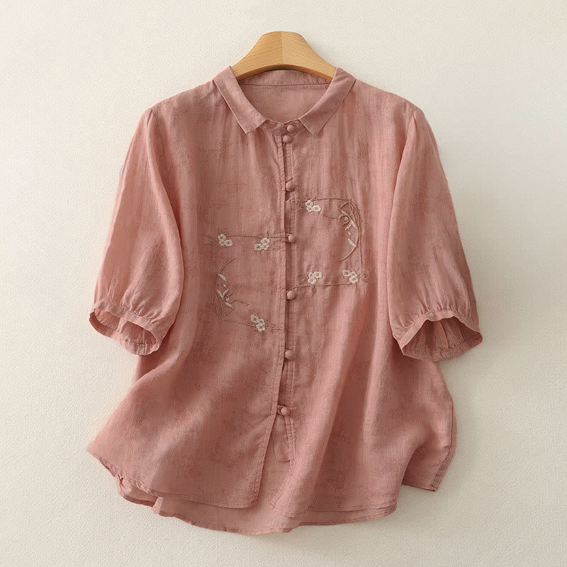 Buddha Stones Stand Collar Embroidery Button Design Three Quarter Sleeve Summer Women's Shirt - DarkSalmon - US8-10，UK/AU12-14，EU40-42 (2XL) - image 5