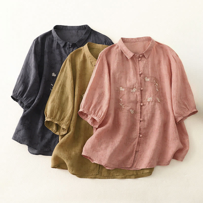 Buddha Stones Stand Collar Embroidery Button Design Three Quarter Sleeve Summer Women's Shirt - image 19