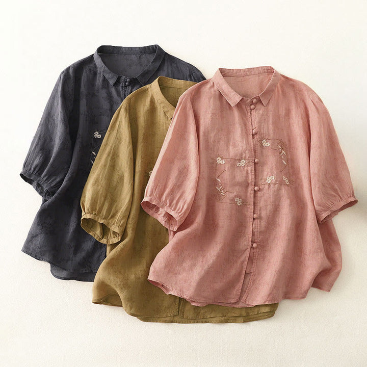 Buddha Stones Stand Collar Embroidery Button Design Three Quarter Sleeve Summer Women's Shirt - image 19