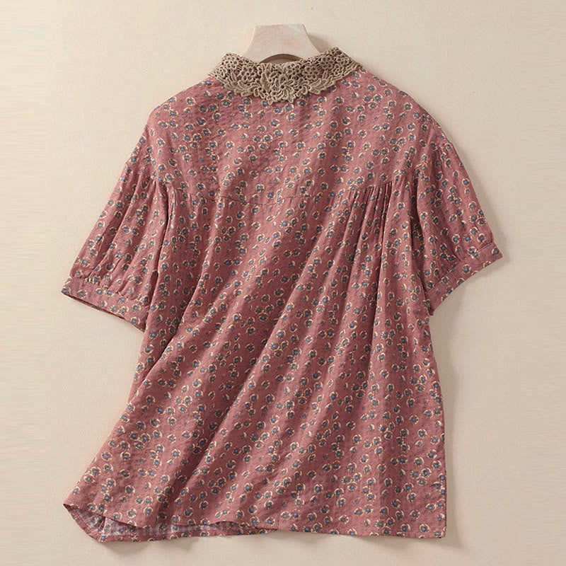 Buddha Stones Front Button Design Floral Print Pattern Women's Cotton Half Sleeve Shirt - image 6
