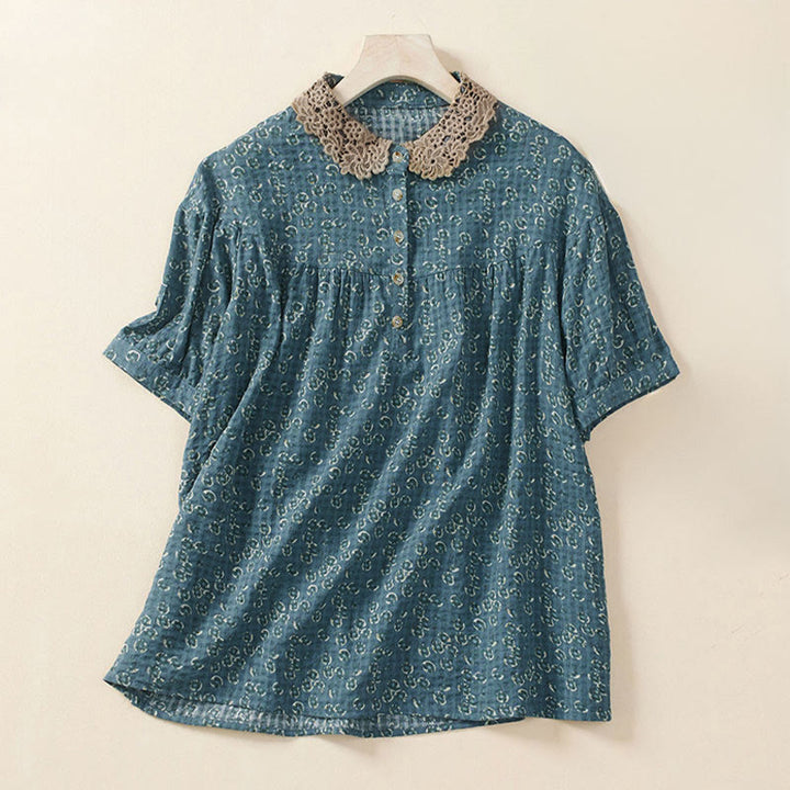 Buddha Stones Front Button Design Floral Print Pattern Women's Cotton Half Sleeve Shirt - SteelBlue - US8-10，UK/AU12-14，EU40-42 (2XL) - image 2