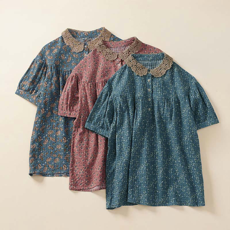 Buddha Stones Front Button Design Floral Print Pattern Women's Cotton Half Sleeve Shirt - image 12