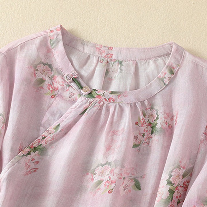 Buddha Stones Crew Neck Casual Frog-Button Floral Print Pattern Blouse Half Sleeve Women's Shirts - image 9