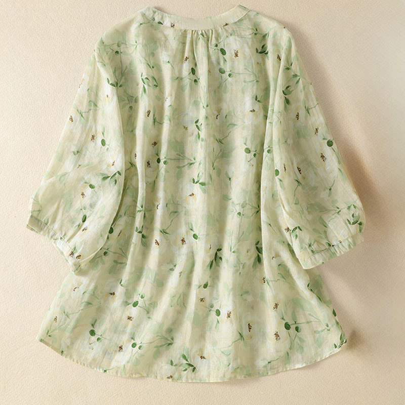 Buddha Stones Crew Neck Casual Frog-Button Floral Print Pattern Blouse Half Sleeve Women's Shirts - image 1