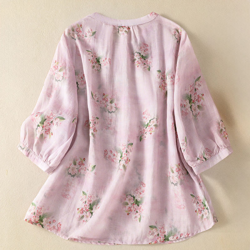 Buddha Stones Crew Neck Casual Frog-Button Floral Print Pattern Blouse Half Sleeve Women's Shirts - image 8