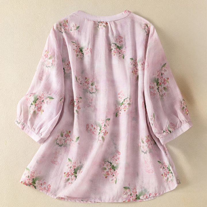 Buddha Stones Crew Neck Casual Frog-Button Floral Print Pattern Blouse Half Sleeve Women's Shirts - image 8