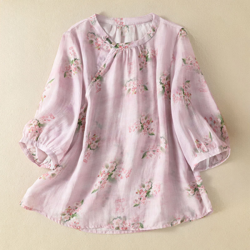 Buddha Stones Crew Neck Casual Frog-Button Floral Print Pattern Blouse Half Sleeve Women's Shirts - LavenderBlush - US8-10，UK/AU12-14，EU40-42 (2XL) - image 7