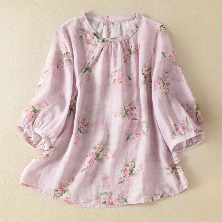 Buddha Stones Crew Neck Casual Frog-Button Floral Print Pattern Blouse Half Sleeve Women's Shirts - LavenderBlush - US8-10，UK/AU12-14，EU40-42 (2XL) - image 7