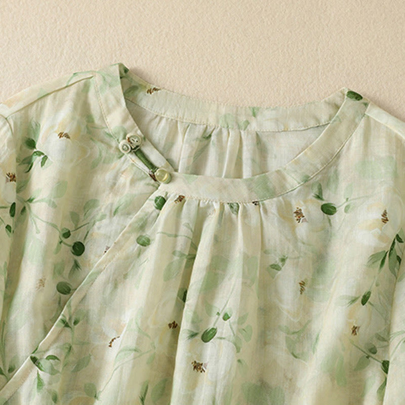 Buddha Stones Crew Neck Casual Frog-Button Floral Print Pattern Blouse Half Sleeve Women's Shirts - image 2