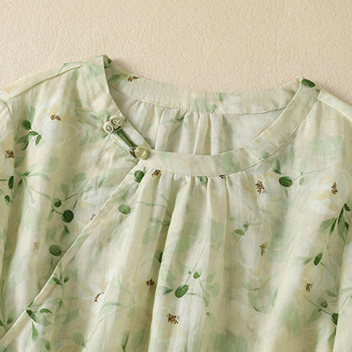 Buddha Stones Crew Neck Casual Frog-Button Floral Print Pattern Blouse Half Sleeve Women's Shirts - image 2