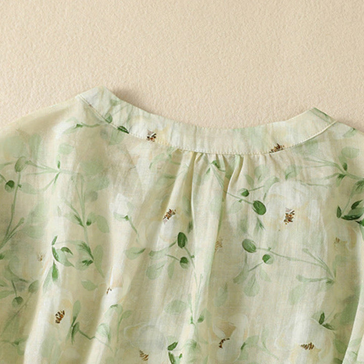 Buddha Stones Crew Neck Casual Frog-Button Floral Print Pattern Blouse Half Sleeve Women's Shirts - image 3