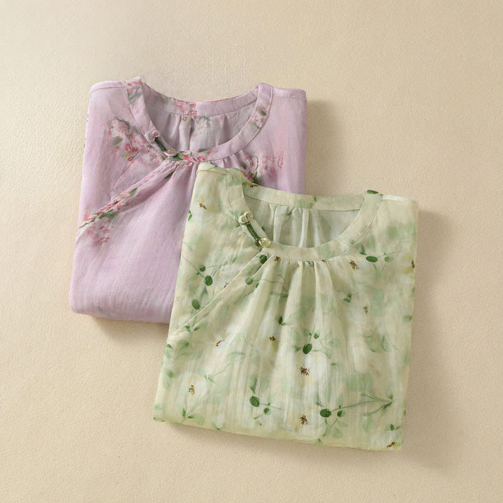 Buddha Stones Crew Neck Casual Frog-Button Floral Print Pattern Blouse Half Sleeve Women's Shirts - image 16