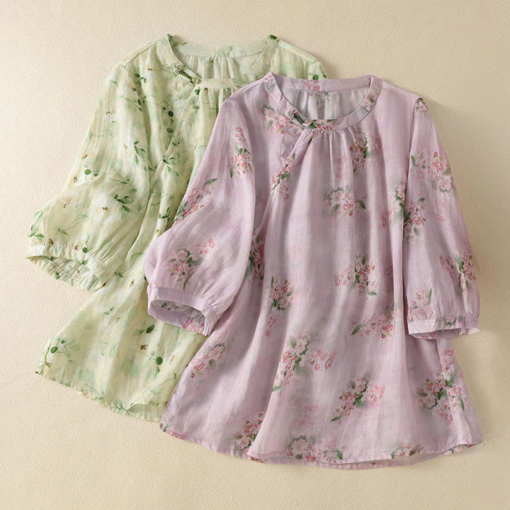 Buddha Stones Crew Neck Casual Frog-Button Floral Print Pattern Blouse Half Sleeve Women's Shirts - image 15