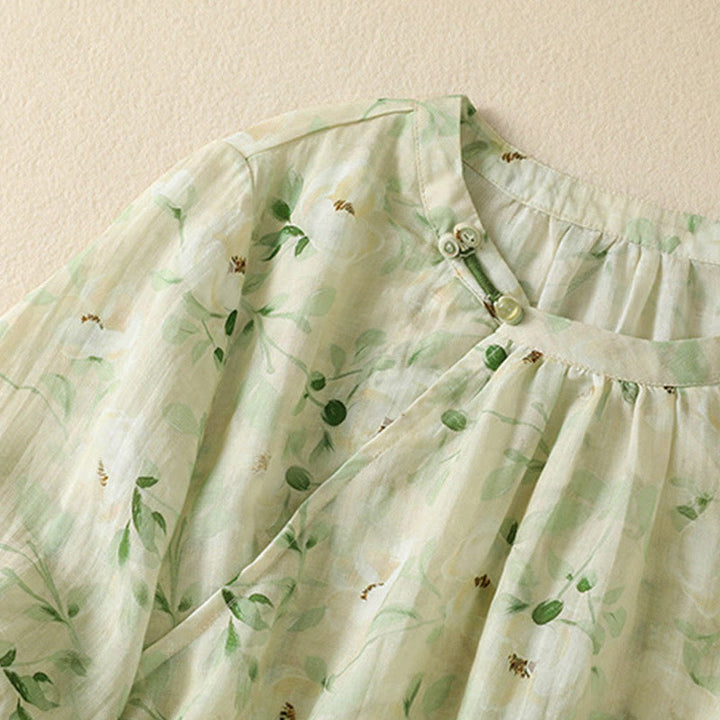 Buddha Stones Crew Neck Casual Frog-Button Floral Print Pattern Blouse Half Sleeve Women's Shirts - image 4