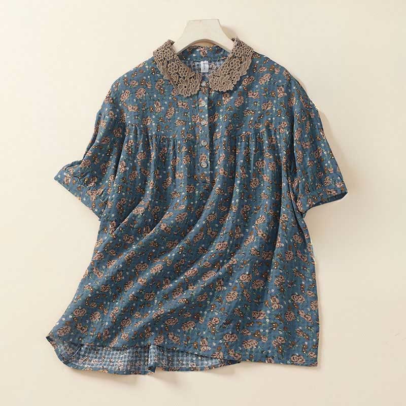 Buddha Stones Front Button Design Floral Print Pattern Women's Cotton Half Sleeve Shirt - CadetBlue - US8-10，UK/AU12-14，EU40-42 (2XL) - image 0