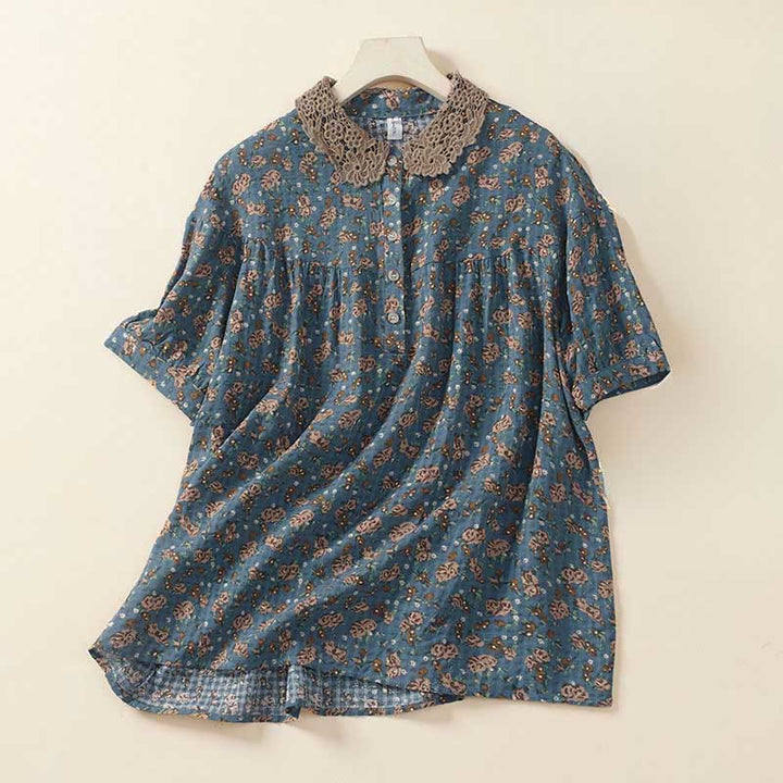 Buddha Stones Front Button Design Floral Print Pattern Women's Cotton Half Sleeve Shirt - CadetBlue - US8-10，UK/AU12-14，EU40-42 (2XL) - image 0