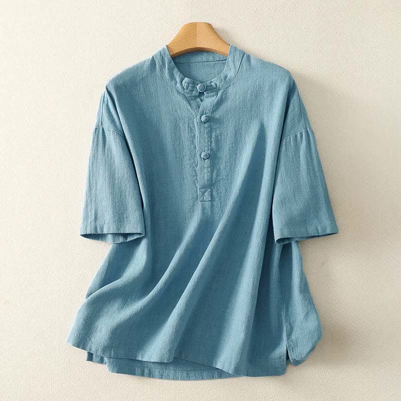 Buddha Stones Summer Stand Collar Buttons Cotton Women's Short Sleeve Shirt - LightBlue - US8-10，UK/AU12-14，EU40-42 (2XL) - image 0