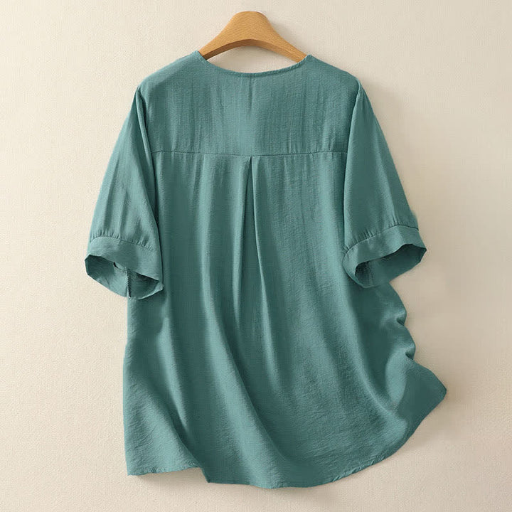 Buddha Stones Summer Mountain Embroidered Crew Neck Women's Short Sleeve Shirt - image 1