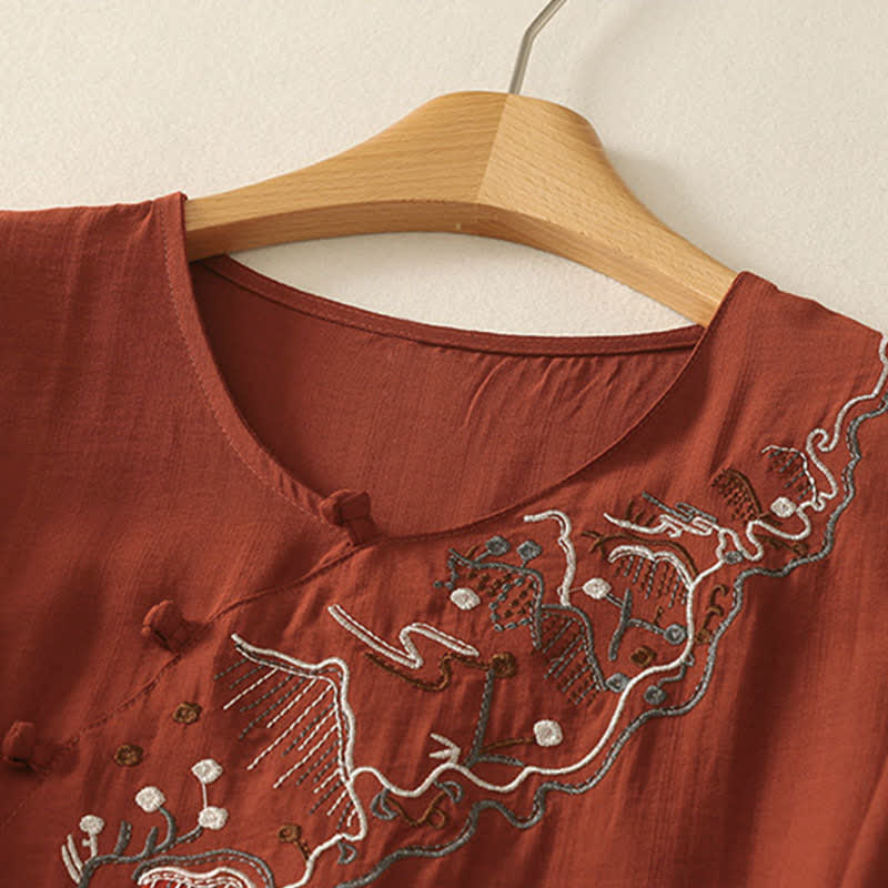 Buddha Stones Summer Mountain Embroidered Crew Neck Women's Short Sleeve Shirt - image 16