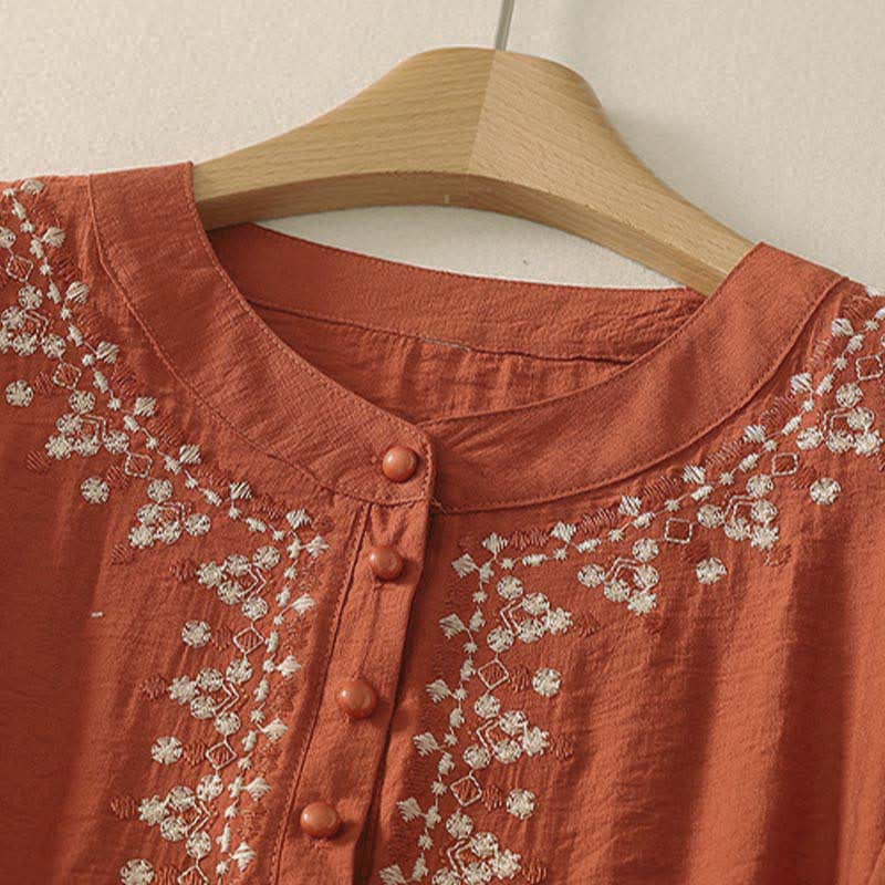 Buddha Stones Spring Embroidered Cotton Half Buttons Women's Short Sleeve Shirt - image 1