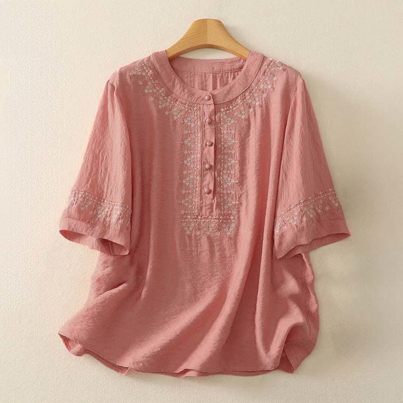 Buddha Stones Spring Embroidered Cotton Half Buttons Women's Short Sleeve Shirt - DarkSalmon - US8-10，UK/AU12-14，EU40-42 (2XL) - image 5