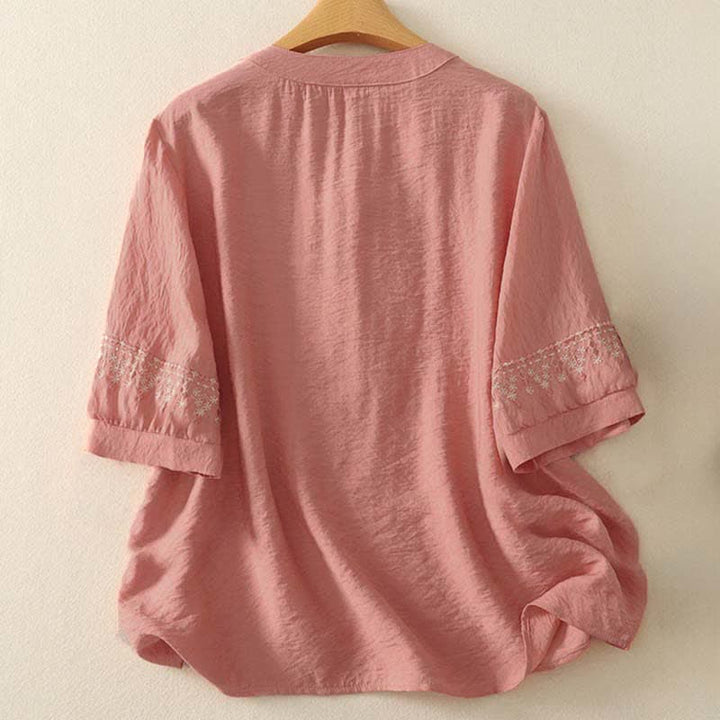 Buddha Stones Spring Embroidered Cotton Half Buttons Women's Short Sleeve Shirt - image 6