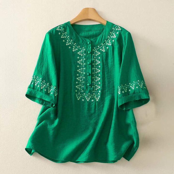 Buddha Stones Spring Embroidered Cotton Half Buttons Women's Short Sleeve Shirt - MediumSpringGreen - US8-10，UK/AU12-14，EU40-42 (2XL) - image 15