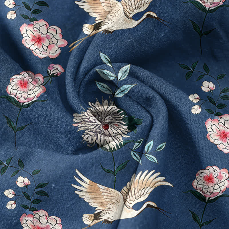 Buddha Stones Cotton Crane Floral Print Men's Short Sleeve Half Button Shirt - image 4