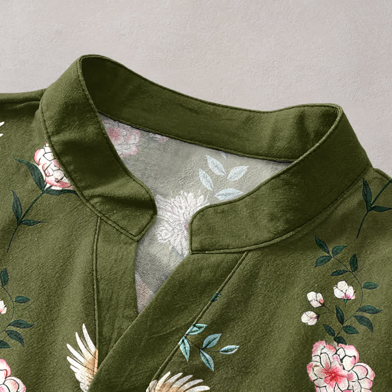 Buddha Stones Cotton Crane Floral Print Men's Short Sleeve Half Button Shirt - image 7