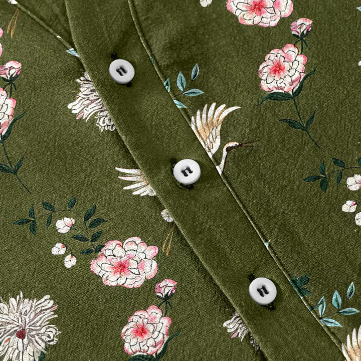 Buddha Stones Cotton Crane Floral Print Men's Short Sleeve Half Button Shirt - image 8