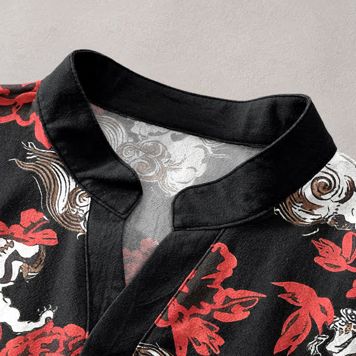 Buddha Stones Cotton Red Floral Cloud Print Henley Men's Short Sleeve Half Button Shirt - image 2