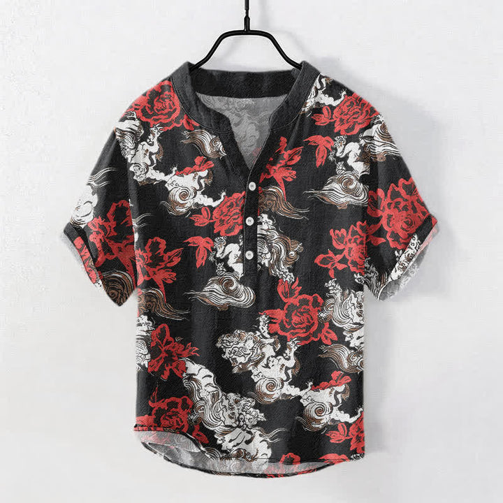 Buddha Stones Cotton Red Floral Cloud Print Henley Men's Short Sleeve Half Button Shirt - Black - US/UK/AU50，EU60 (5XL) - image 0