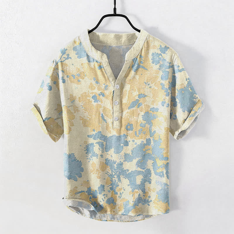 Buddha Stones Cotton Watercolor Floral Henley Men's Short Sleeve Half Button Shirt - LightGoldenrodYellow - US/UK/AU50，EU60 (5XL) - image 0