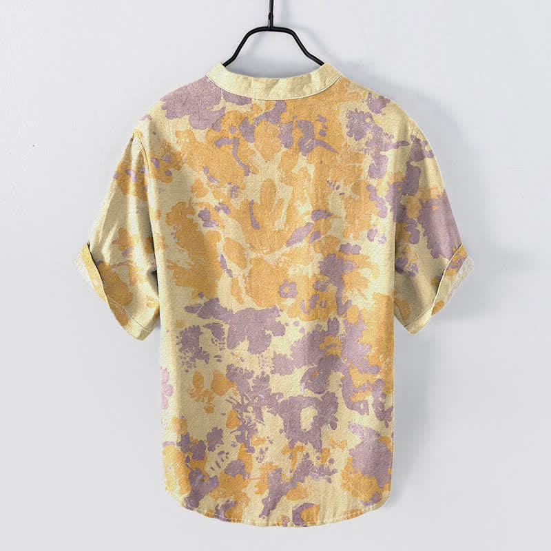 Buddha Stones Cotton Watercolor Floral Henley Men's Short Sleeve Half Button Shirt - image 4