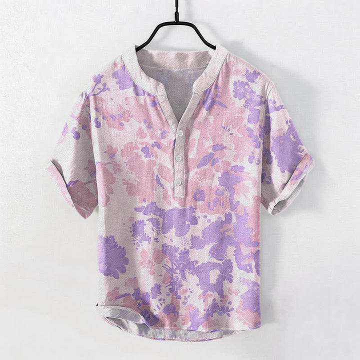 Buddha Stones Cotton Watercolor Floral Henley Men's Short Sleeve Half Button Shirt - Thistle - US/UK/AU50，EU60 (5XL) - image 5