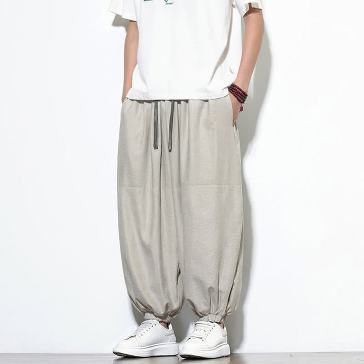 Buddha Stones Spring Solid Color Drawstring Cropped Men's Harem Cotton Pants With Pockets - image 10
