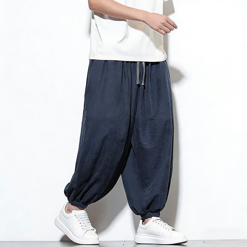 Buddha Stones Spring Solid Color Drawstring Cropped Men's Harem Cotton Pants With Pockets - image 3